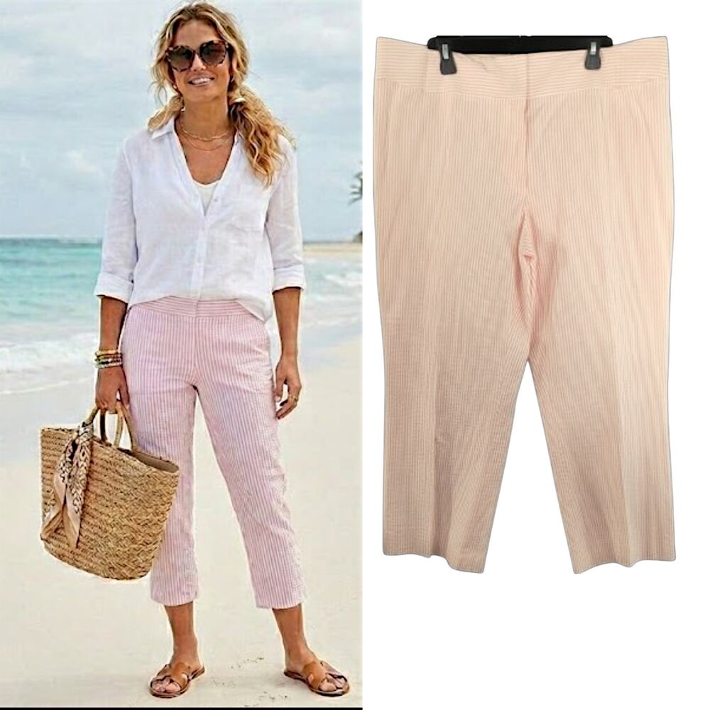 Casual Corner Capri Pants 14 Pink White Stripe Seersucker Casual Coastal Summer